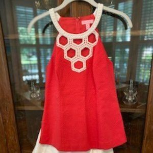 Pink textured top white crochet front & neck SZ 6